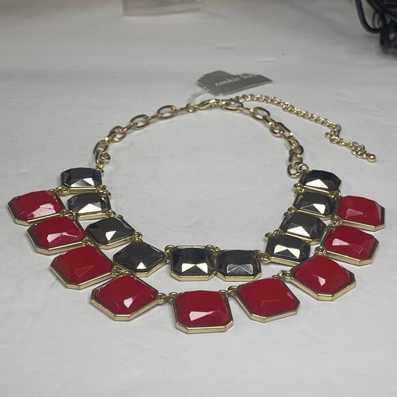 Cookie Lee necklace Chrome Gray and Red statement signed jewelry in gold tone - Picture 12 of 13
